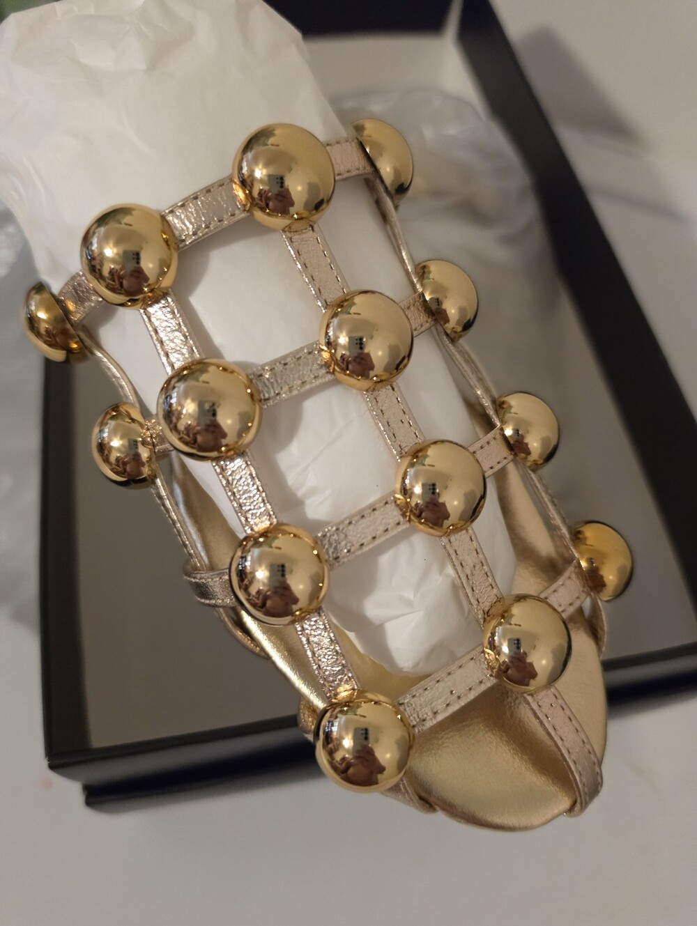 BCBGMAXAZRIA Tina Mule in Platino Size 7.5 Gold Studded Flat Sandals New In Box - Picture 6 of 9